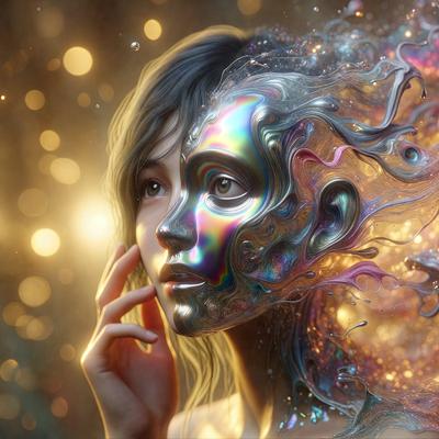 The primary subject of the image is a woman with a silver face, which appears to be a digital art or illustration. The setting is a brightly lit environment, possibly a studio or a stage. The visual style is artistic and creative, with the woman's face being the main focus of the image. The colors are predominantly silver and gold, giving the image a warm and shiny appearance. The overall mood of the image is one of beauty and artistic expression.